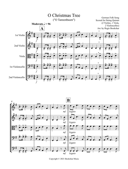 O Christmas Tree (G) (String Quintet - 2 Violins, 1 Viola, 2 Cellos) (Arr. Regis Bookshar) - German Folk Song (String Ensemble)