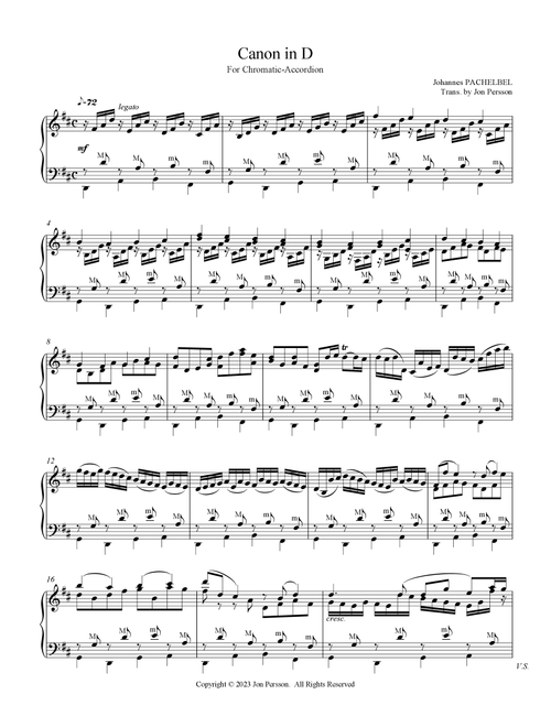 "Pachelbel Canon in D" for Chromatic-Accordion (Arr. Jon Persson) - Johannes Pachelbel (Instrumental Solo)