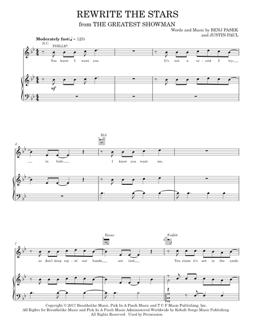 Rewrite The Stars (from The Greatest Showman) - Emma Stone, Pasek & Paul (Piano-Vocal-Guitar)