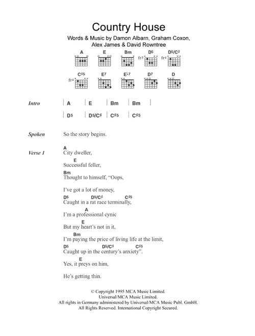 Country House - Blur (Guitar Chords-Lyrics)