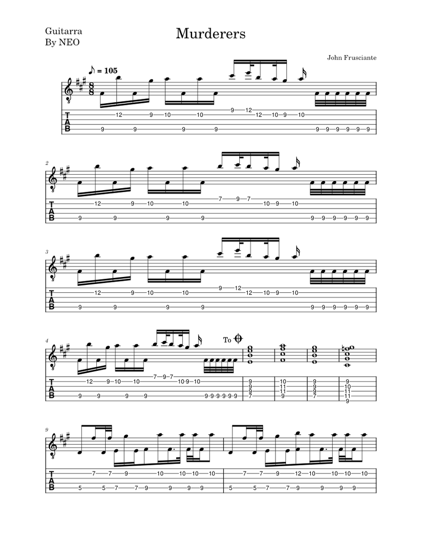 Murderers – John Frusciante Sheet Music and Tab for Guitar (Solo