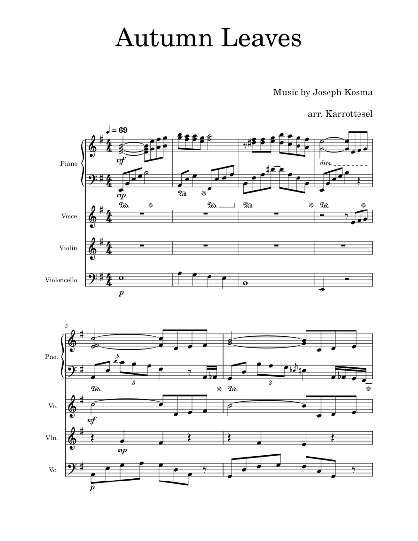 Autumn leaves Joseph Kosma Sheet music for Piano Vocals Violin