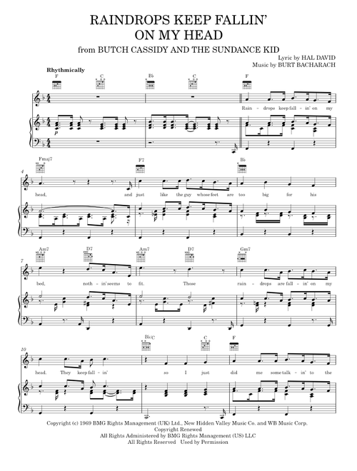 Raindrops Keep Fallin' On My Head - B.J. Thomas, Bacharach & David (Piano-Vocal-Guitar)