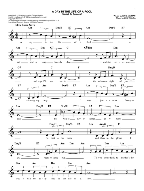 A Day In The Life Of A Fool (Manha De Carnaval) - Carl Sigman (Easy Lead Sheet - Fake Book)