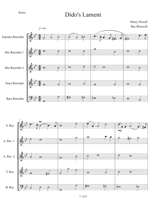 Dido's Lament - Score Only (Arr. Ray Braswell) - Henry Purcell (Recorder Ensemble)