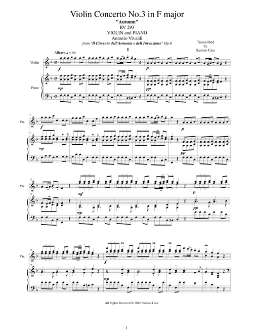 Vivaldi - Concerto No.3 in F major Op.8 Autumn RV 293 for Violin and Piano (Arr. Santino Cara) - Vivaldi Antonio (Violin and Piano)
