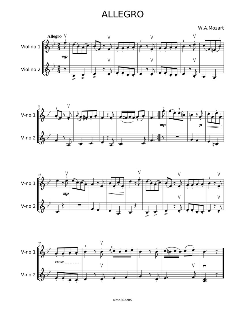 Mozart W.A. - ALLEGRO 2vn Sheet Music for Violin (String Duet ...
