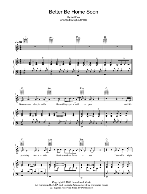 Better Be Home Soon (Arr. Sybout Porte) - Crowded House (Piano-Vocal-Guitar (Piano Accompaniment))
