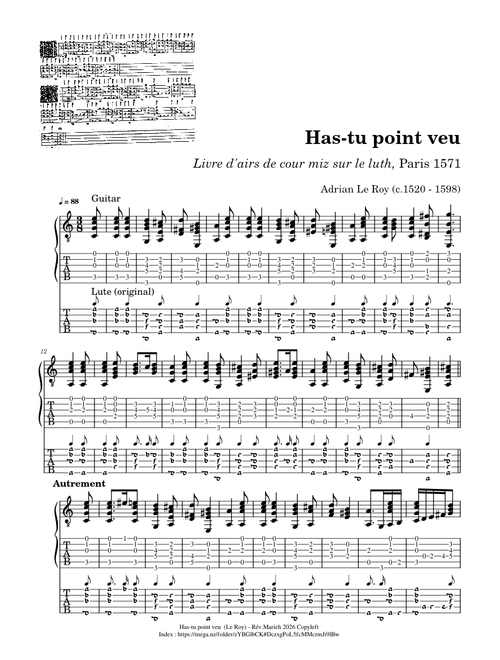 Has-tu point veu – Adrian Le Roy (c.1520 - 1598)