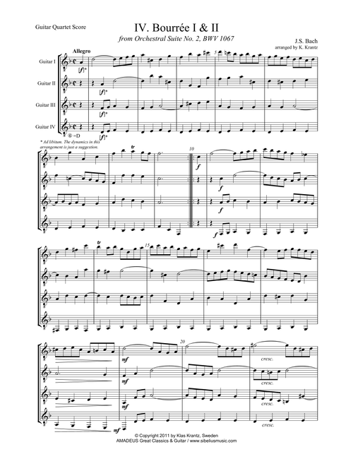 Bourree Suite 2 BWV 1067 for guitar quartet (Arr. K. Krantz) - JS Bach (Guitar Ensemble)