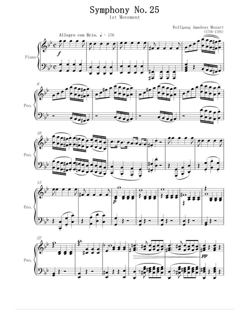 Symphony No.25 1st movement - Wolfgang Amadeus Mozart (Piano Solo)