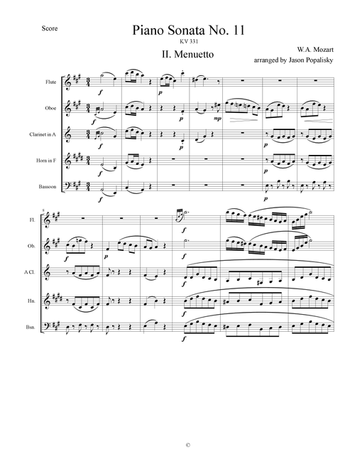 Piano Sonata No 11 (Alla Turca) Movement 2, Menuetto (Arr. Jason Popalisky) - Wolfgang Amadeus Mozart (Woodwind Ensemble)