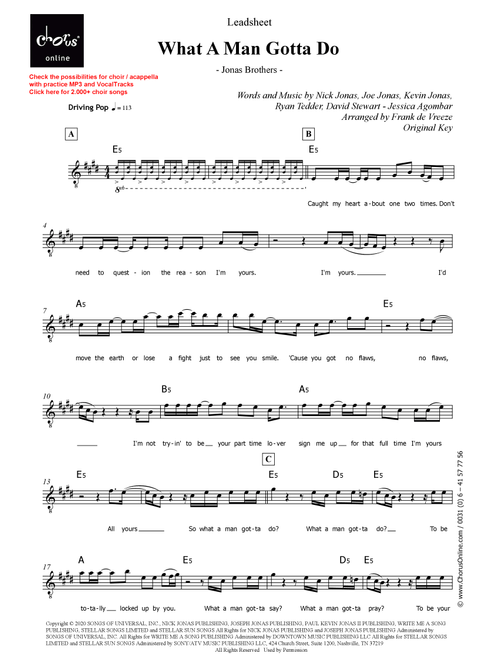 What A Man Gotta Do (Arr. Frank de Vreeze) - Jonas Brothers (Choral, Unison)