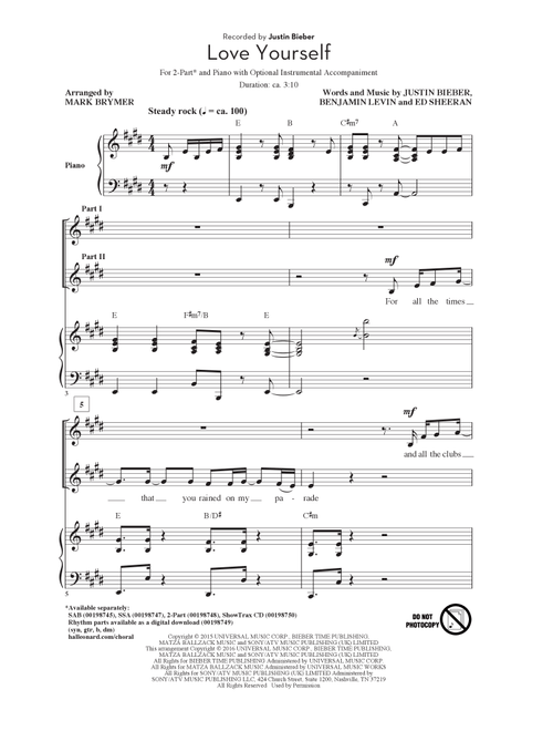 Love Yourself (arr. Mark Brymer) - Justin Bieber (Choral, 2-Part)