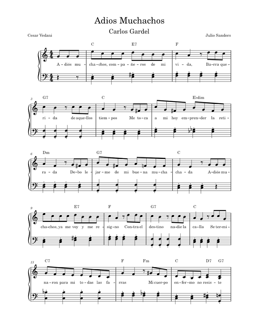 Adios muchachos – Julio Cezar Sanders Sheet Music for Piano (Piano ...