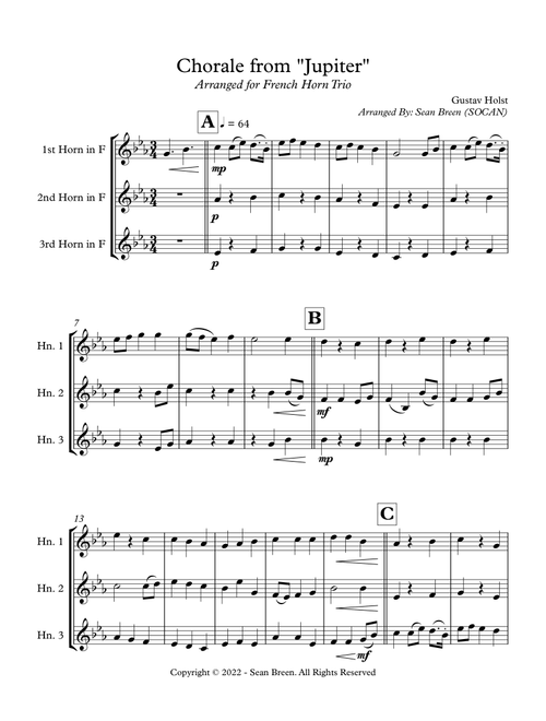 Chorale from Jupiter - French Horn Trio (Arr. Sean Breen) - Gustav Holst (Brass Ensemble)