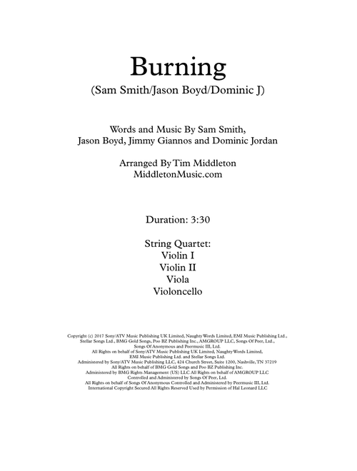 Burning (Arr. Tim Middleton) - Sam Smith (String Quartet)