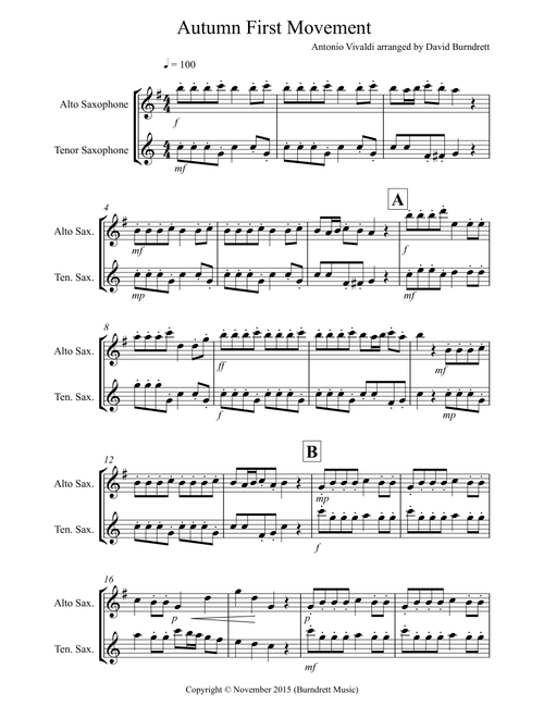 Autumn "Four Seasons for Alto and Tenor Saxophone Duet (Arr. David Burndrett) - Antonio Vivaldi (Instrumental Duet)