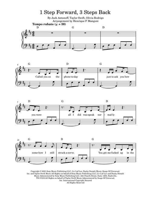 1 Step Forward, 3 Steps Back (Arr. Henrique F Mangoni) - Olivia Rodrigo (Piano Vocal)