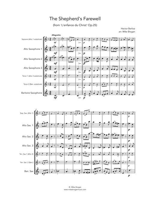 The Shepherd's Farewell, Berlioz - for flexible saxophone quartet (SATB, AATB, AAAB, AAAT, AAAT) (Arr. Mike Brogan) (Woodwind Ensemble)