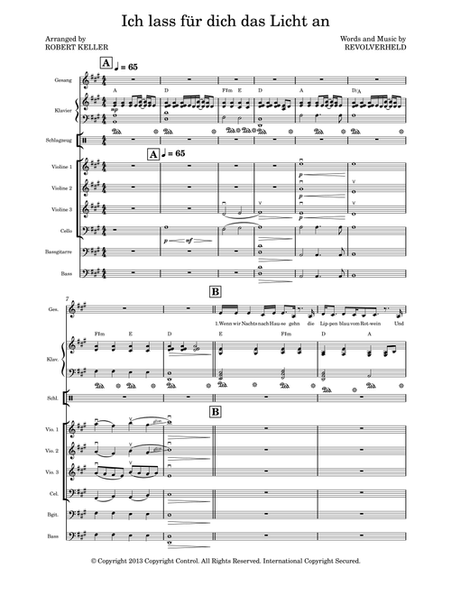 Ich Lass Fur Dich Das Licht An (Arr. Robert Keller) - Revolverheld (Small Ensemble)