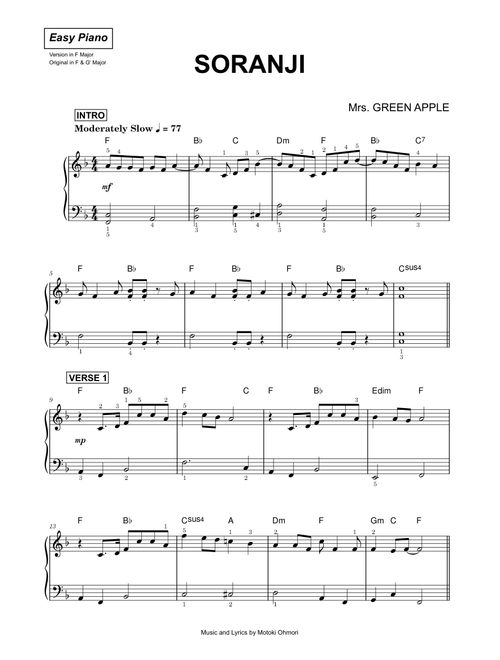 Soranji - Mrs. GREEN APPLE (Easy Piano)