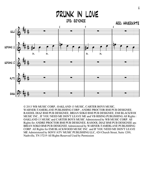 Drunk In Love (Arr. Brian Haverkate) - Beyonce Featuring Jay Z (Choral, SATB)