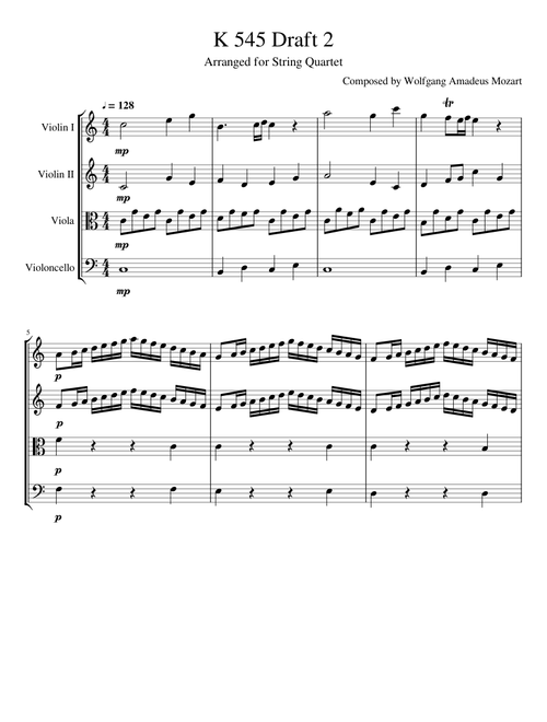 K 545 Arranged for String Quartet - Draft 2 (WIP)