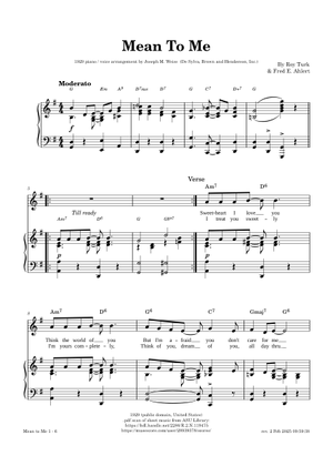 Mean To Me Sheet Music with Chords for Guitar, Bass guitar, Drum