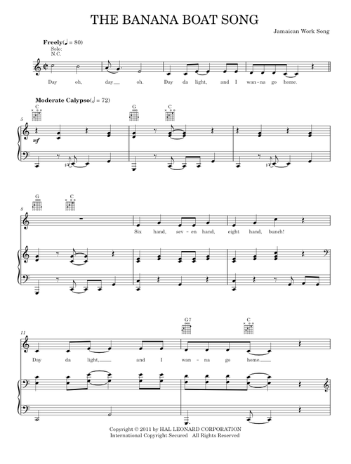 The Banana Boat Song (Day-O) - Jamaican Work Song (Piano-Vocal-Guitar)