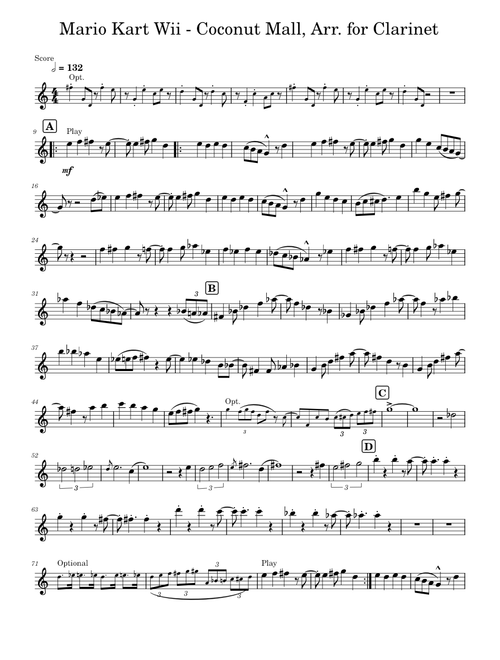 Mario Kart Wii - Coconut Mall, Arr. for Clarinet