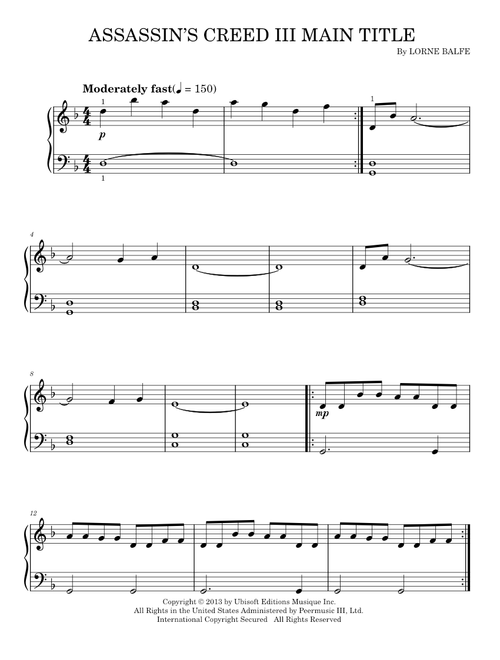 Assassin's Creed III Main Theme - Lorne Balfe (Easy Piano)