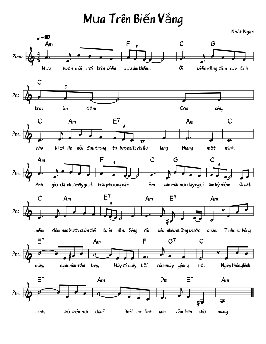 Mưa Trên Biển Vắng Sheet Music For Piano Solo 