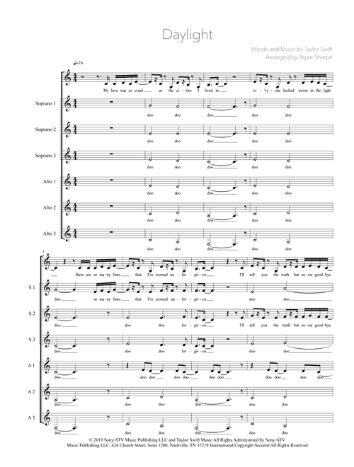 Daylight (Arr. Bryan Sharpe) - Taylor Swift (Choral, SSAA)