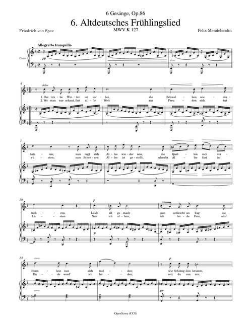 Mendelssohn, Felix – 6 Gesänge, Op.86, No.6 – Altdeutsches Frühlingslied