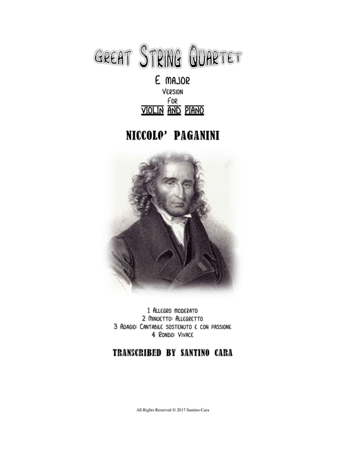Paganini - Great String Quartet in E major - Version for Violin and Piano (Arr. Santino Cara) - Paganini Niccolò (Violin and Piano)