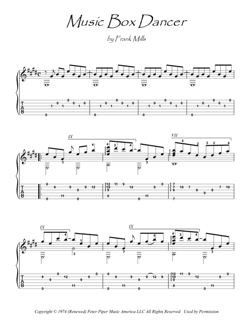 Music Box Dancer (Arr. PianoSheetNow) - Frank Mills (Guitar Tab)