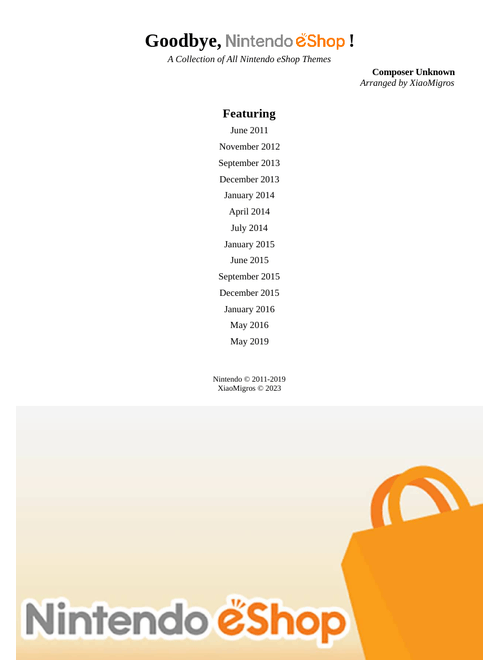 Goodbye, Nintendo eShop! - All eShop Themes, arranged for piano