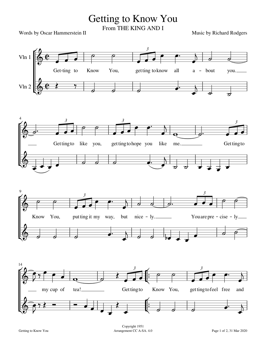 Getting to Know You Sheet music for Violin (String Duet ...