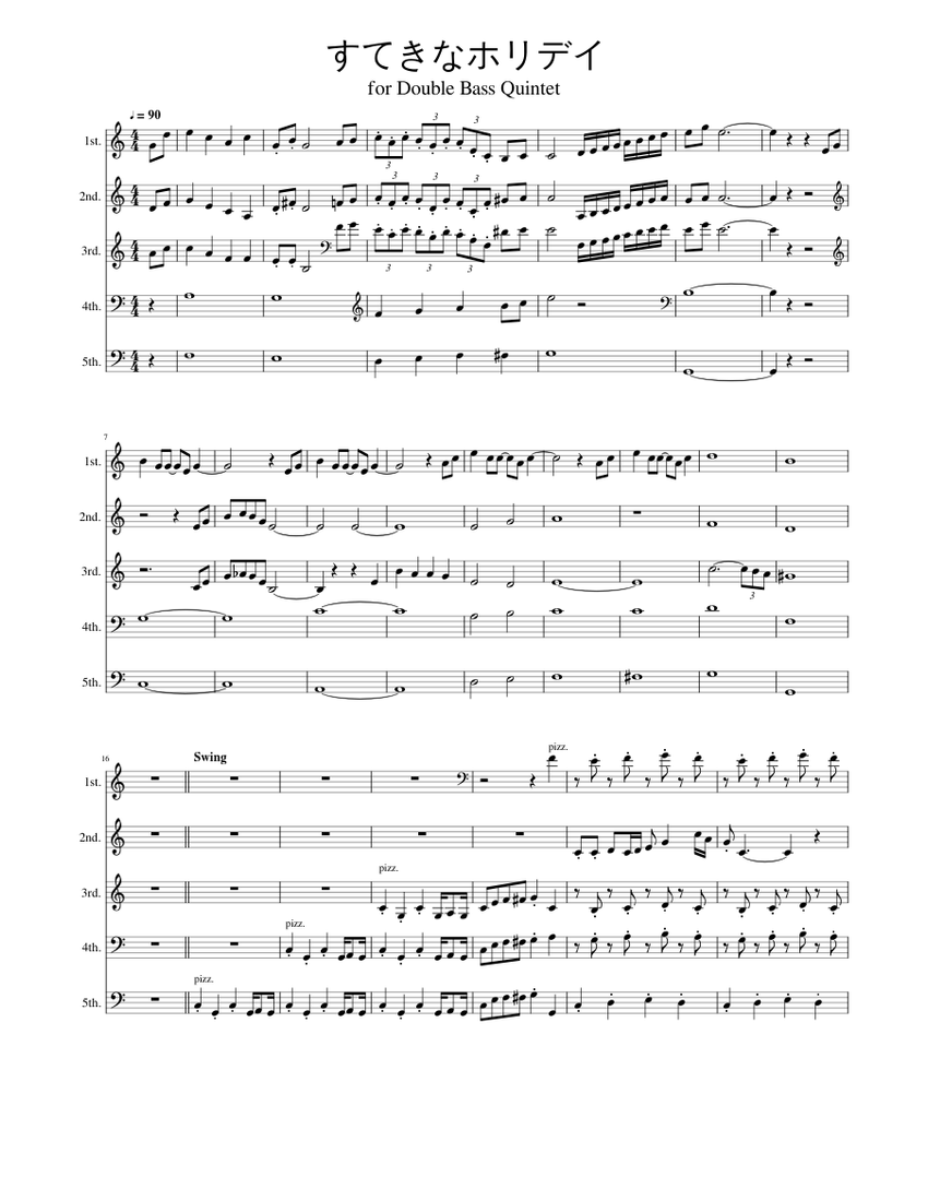 すてきなホリデイ for Double Bass Quintet Sheet music for Contrabass (String