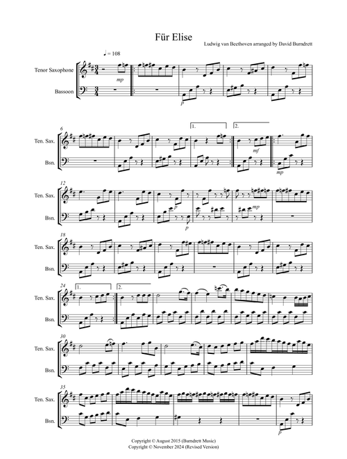 Fur Elise for Tenor Saxophone and Bassoon Duet (Arr. David Burndrett) - Ludwig Van Beethoven (Instrumental Duet)