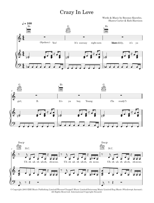Crazy In Love - Beyoncé (Piano-Vocal-Guitar (Piano Accompaniment))