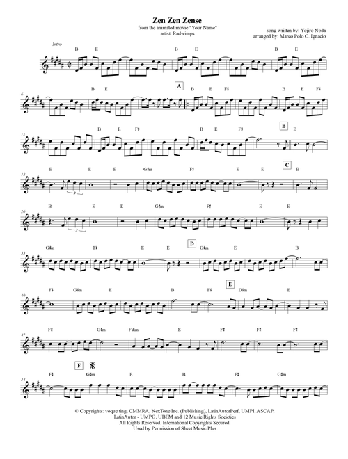 Zen Zen Zense (Arr. Marco Polo Ignacio) - Radwimps (Lead Sheet - Fake Book)
