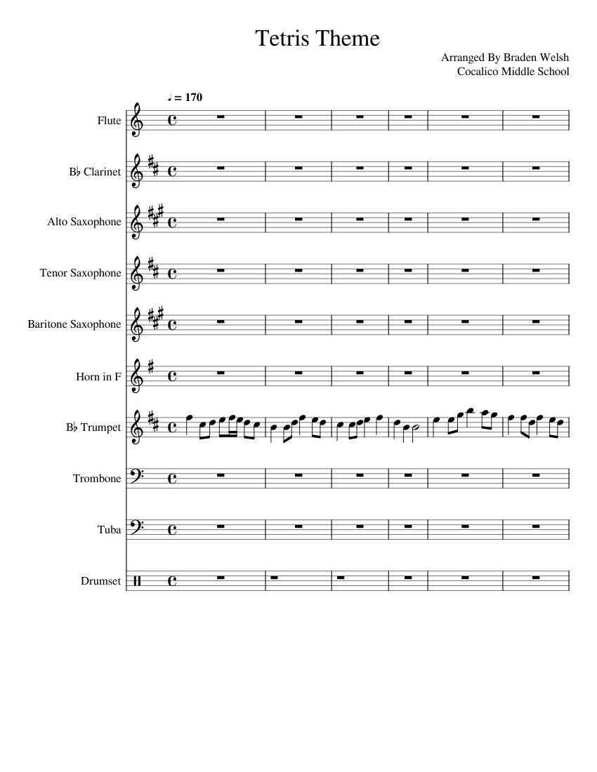 Tetris Theme Sheet music for Trombone, Tuba, Flute, Clarinet in b-flat ...