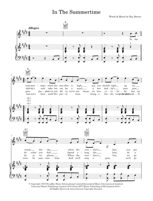 In the summertime - Mungo Jerry (Piano-Vocal-Guitar (Piano Accompaniment))