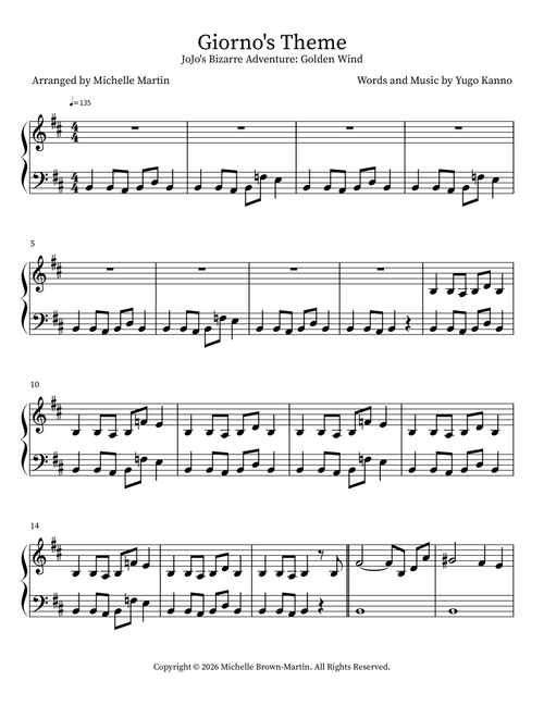 Giorno's Theme (Arr. Michelle Martin) - Yugo Kanno (Piano Solo)