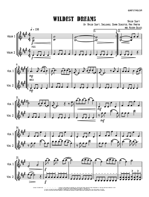 Wildest Dreams (Arr. Alison Gillies) - Taylor Swift (Violin Duet)