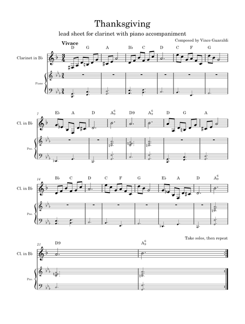 Thanksgiving Theme – Vince Guaraldi Thanksgiving Theme – Thanksgiving by Vince Guaraldi for Clarinet and Piano