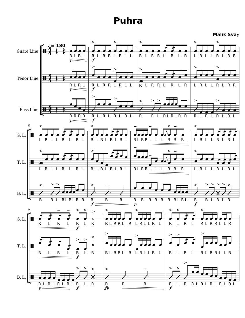 Puhra Sheet music for Snare drum, Tenor drum, Bass drum (Indoor