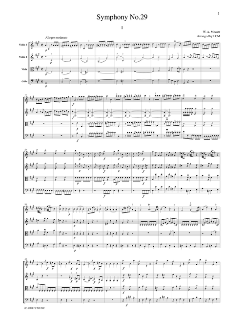 Mozart Symphony No.29, all mvts., for string quartet, CM012 (Arr. FCMUSIC) (String Quartet)